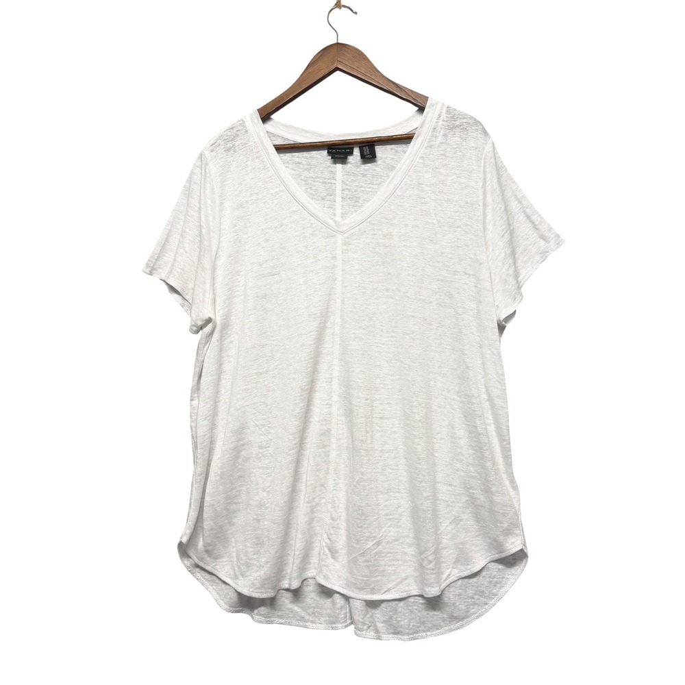 Tahari T-Shirt Womens 1X White Linen V-Neck Short Sleeve Relaxed Curved Hem Tee